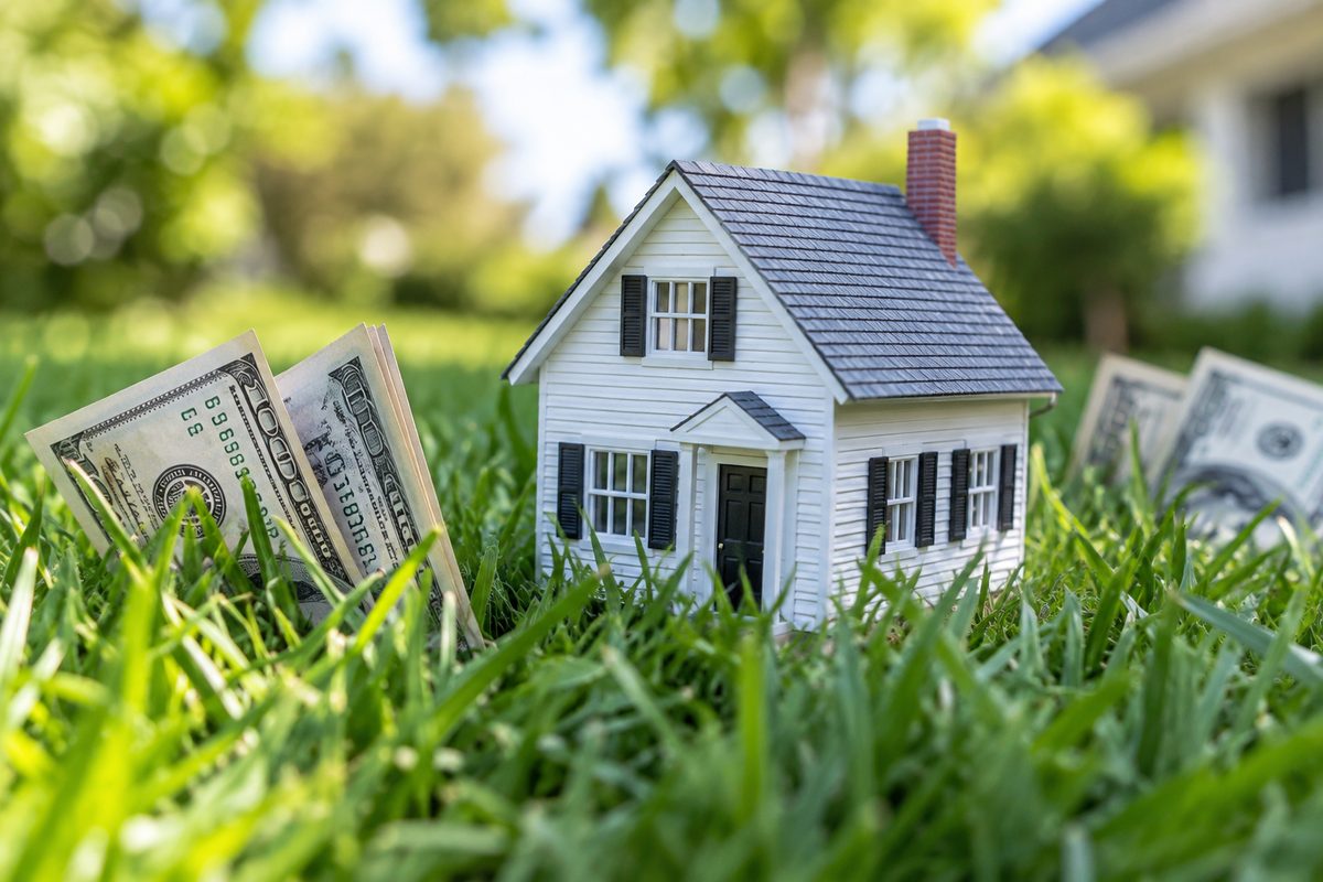 A model house in green grass with dollar bills, illustrative